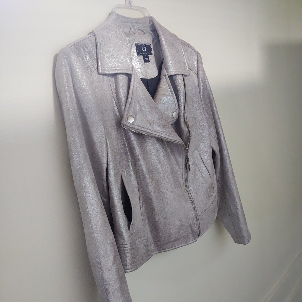 New! Faux•Leather Silver-Metallic 🩶 Distressed Jacket~ Size: S